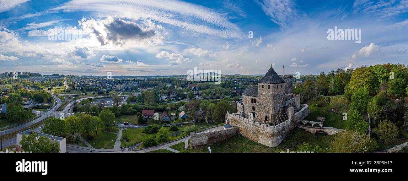 Panoramic aerial drone view on Bedzin and castle on the hill. Stock Photo