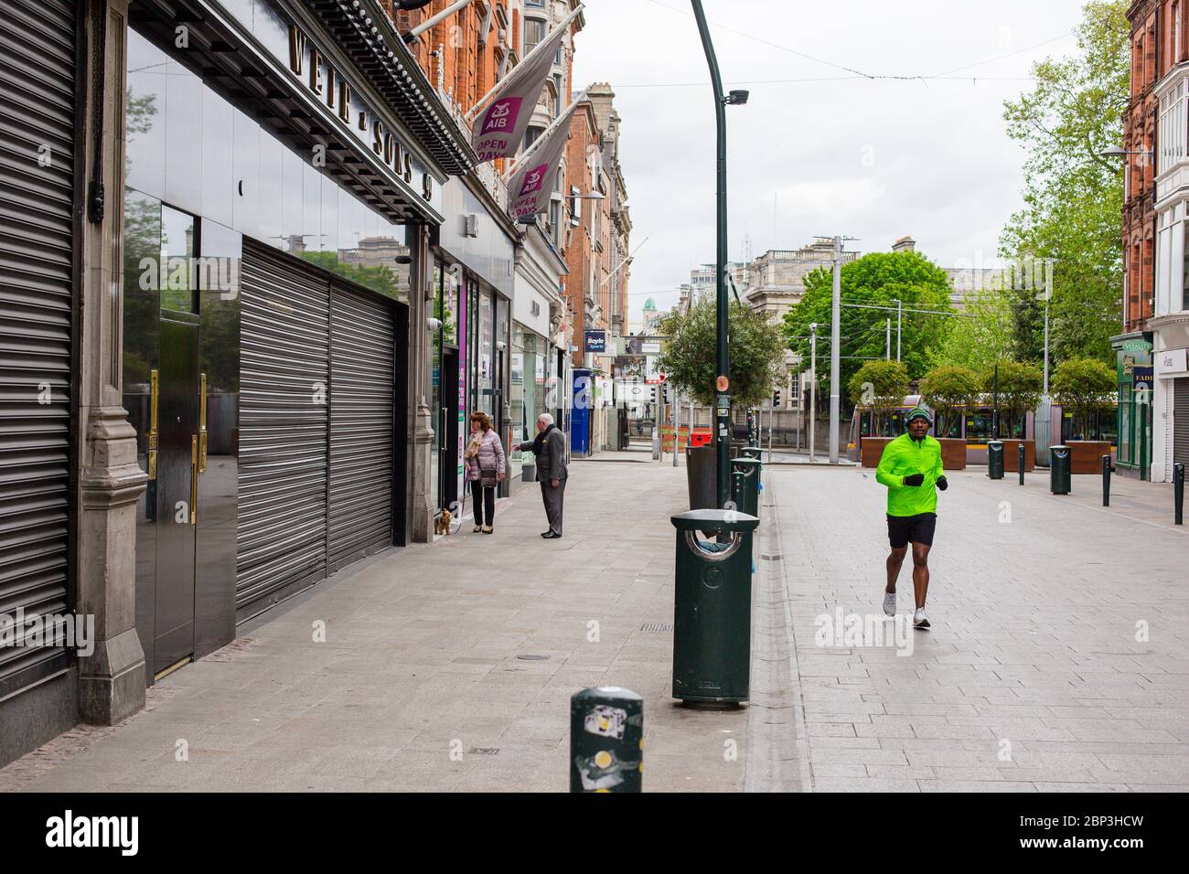 Deserted Grafton Street in Dublin City Centre as the shops and business remain closed and footfall plummeted due to coronavirus pandemic restriction. Stock Photo