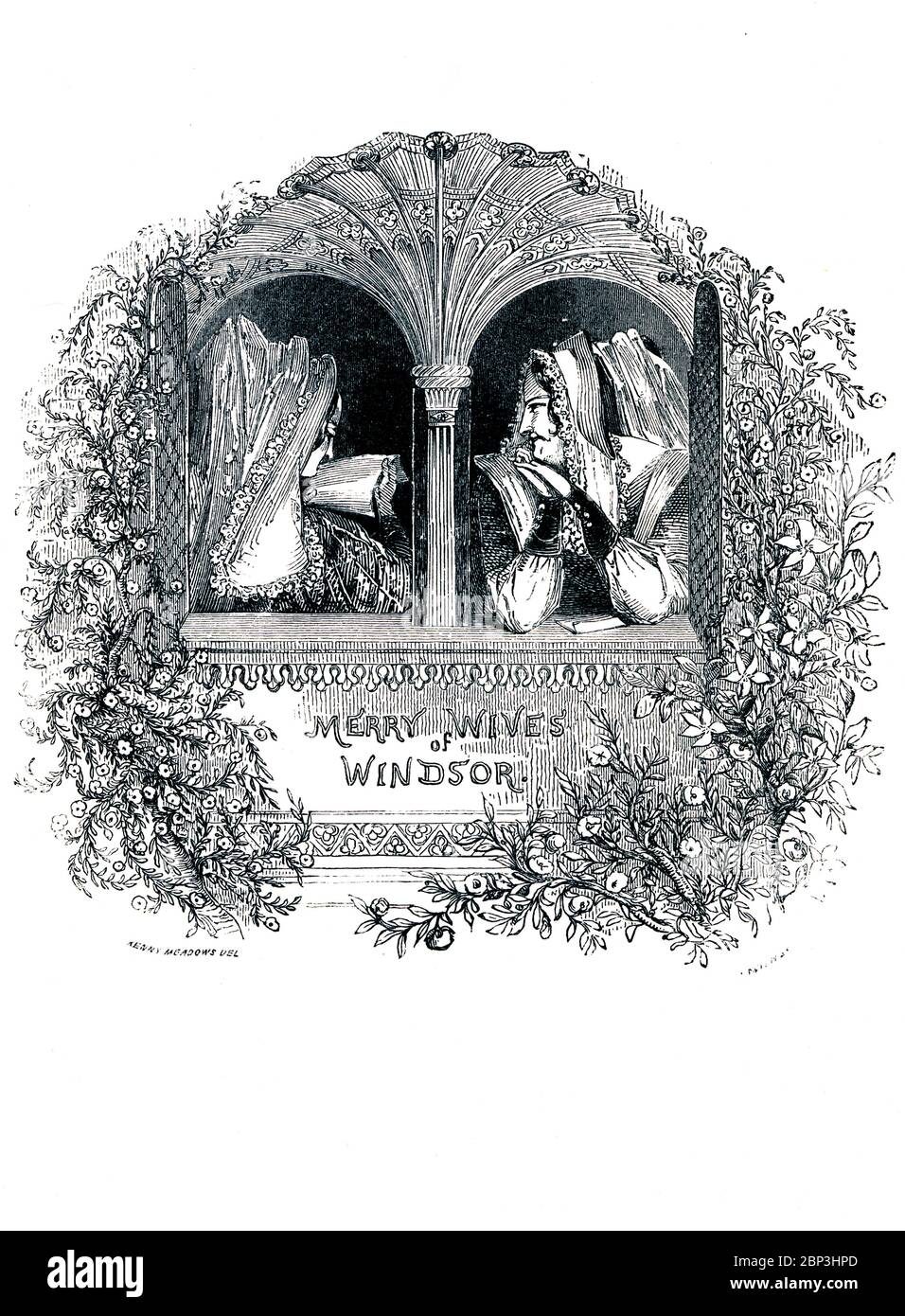 Merry Wives of Windsor Victorian book frontispiece for the comedy play by William Shakespeare about the romantic efforts of Sir John Falstaff, from the 1849 illustrated book Heroines of Shakespeare Stock Photo