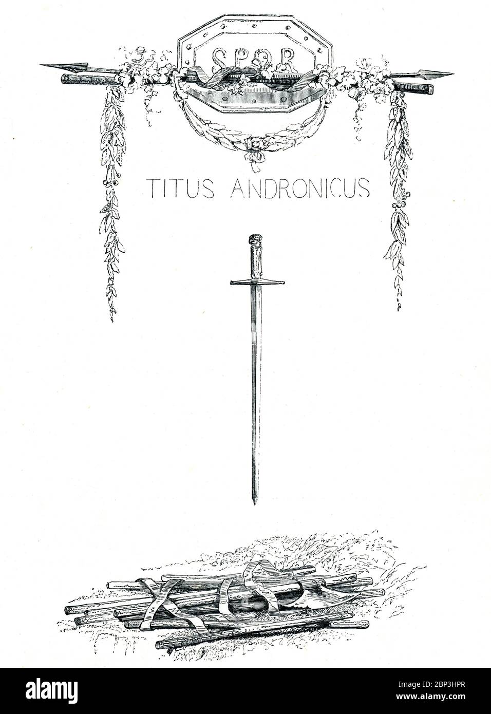 Titus Andronicus Victorian book frontispiece for the tragedy play by William Shakespeare about a Roman general and his violent revenge on Tamora Queen of the Goths, from the 1849 illustrated book Heroines of Shakespeare Stock Photo