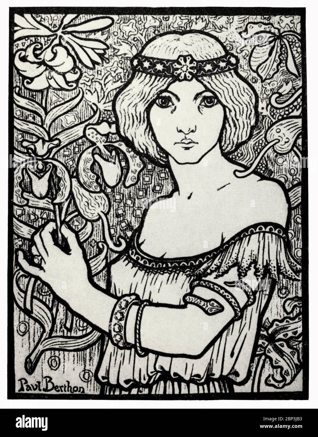 A poster for the 'Salon des Cent' by Paul Berthon (1872-1934), a French artist who produced primarily posters and lithographs. His work is in the style of Art Nouveau, much like his contemporary Alphonse Mucha. Berthon's study of the decorative arts influenced his print making, influencing the strong lines and natural details that guided his art. The vast majority of Berthon's lithographed posters did not include advertisements and were meant to stand on their own. Stock Photo