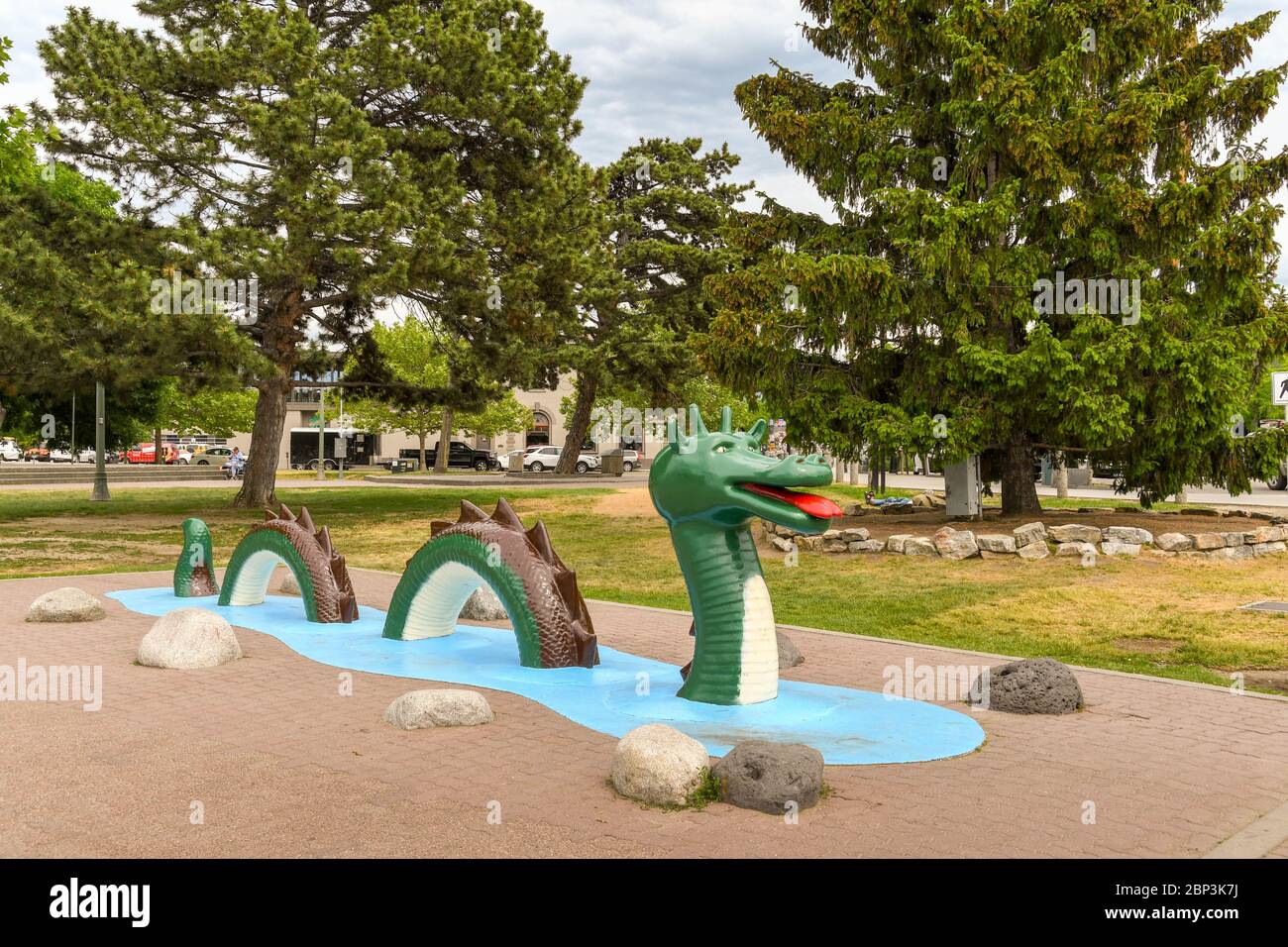 KELOWNA, BRITISH COLUMBIA, CANADA - JUNE 2018: Large sculpture of a sea monster in a public park near the centre of Kelowna, British Columbia, Canada. Stock Photo