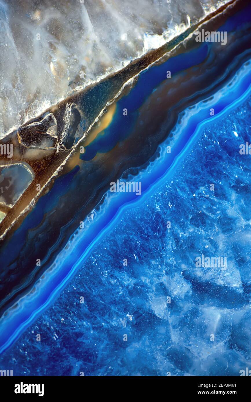 Decorative agate slab. Blue semi-precious stone. Abstract background