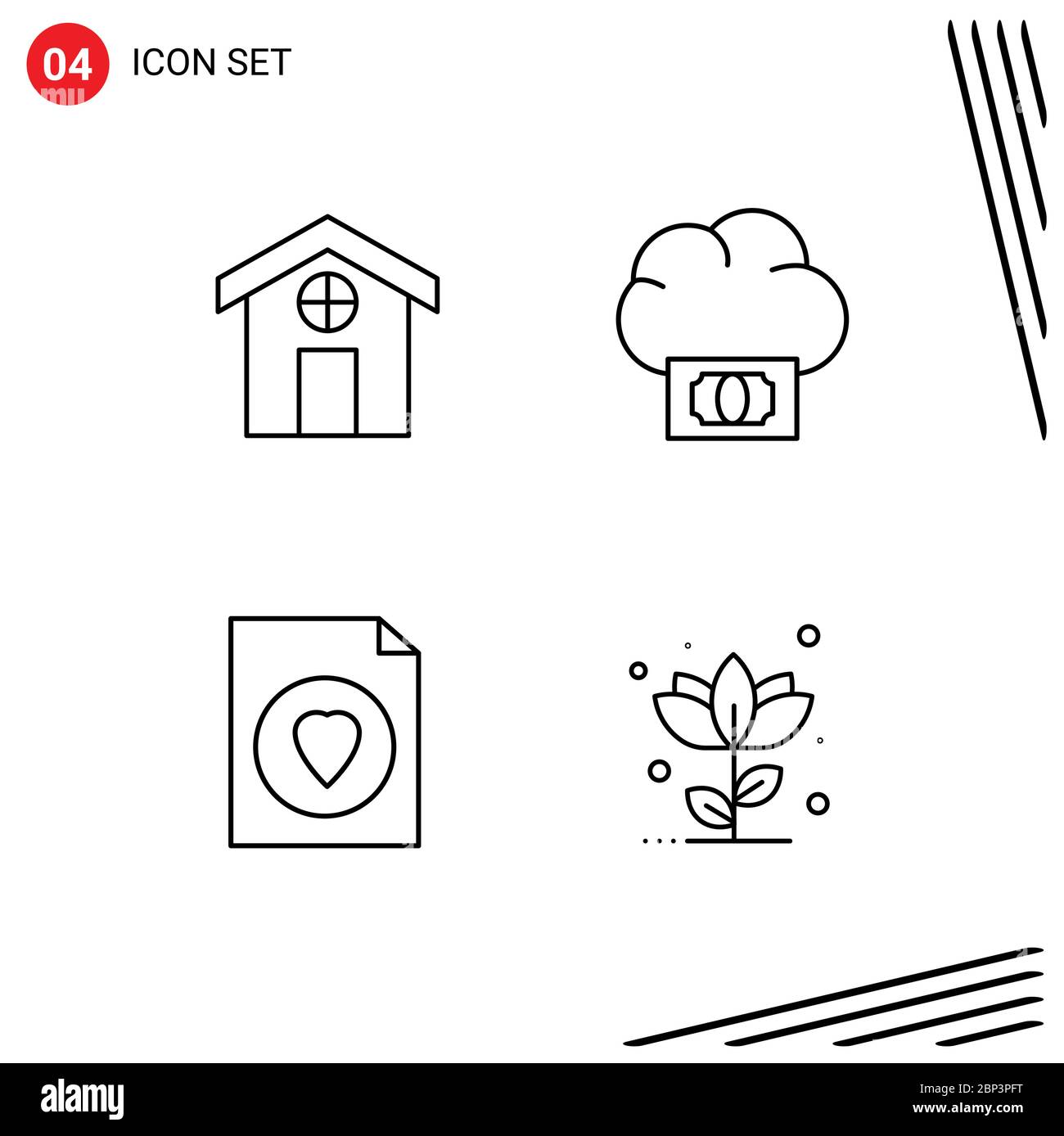 Stock Vector Icon Pack of 4 Line Signs and Symbols for city, file, budget, money, floral Editable Vector Design Elements Stock Vector