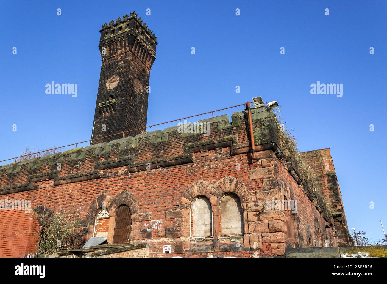 Central Hydraulic Tower, Grade II listed building used to power lock gates and bridges on the Great Float, Birkenh Stock Photo