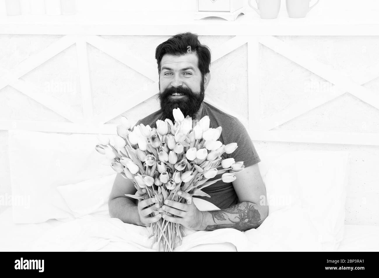 Fresh Flowers Surprise Gift For Spouse Bearded Hipster In Bed Spring Mood In His Bedroom Man Hold Tulips Bouquet While Relaxing In Bed Flowers Delivery Service Birthday Anniversary Holiday Stock Photo