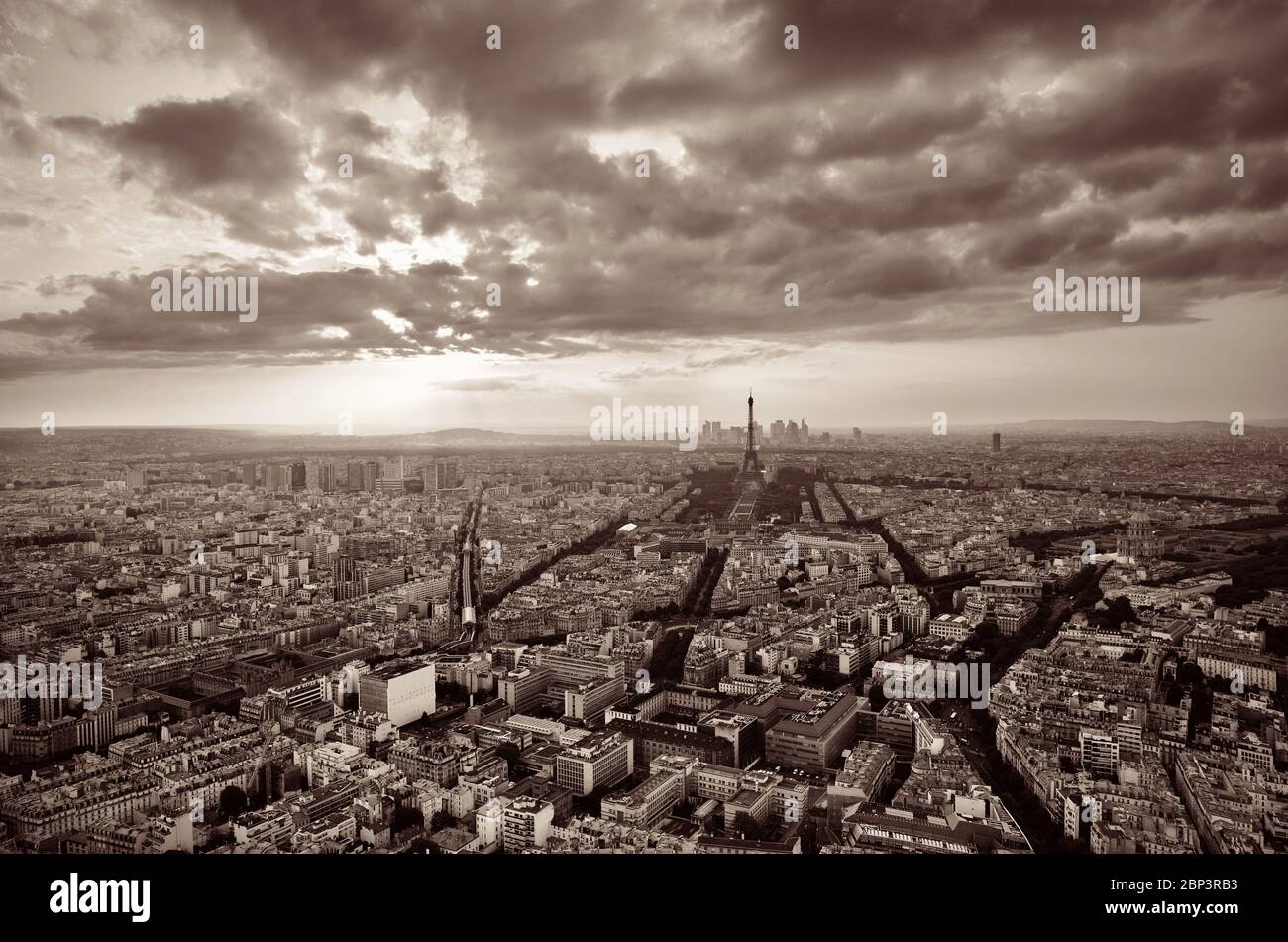 Paris city rooftop view with Eiffel Tower black and white Stock Photo ...