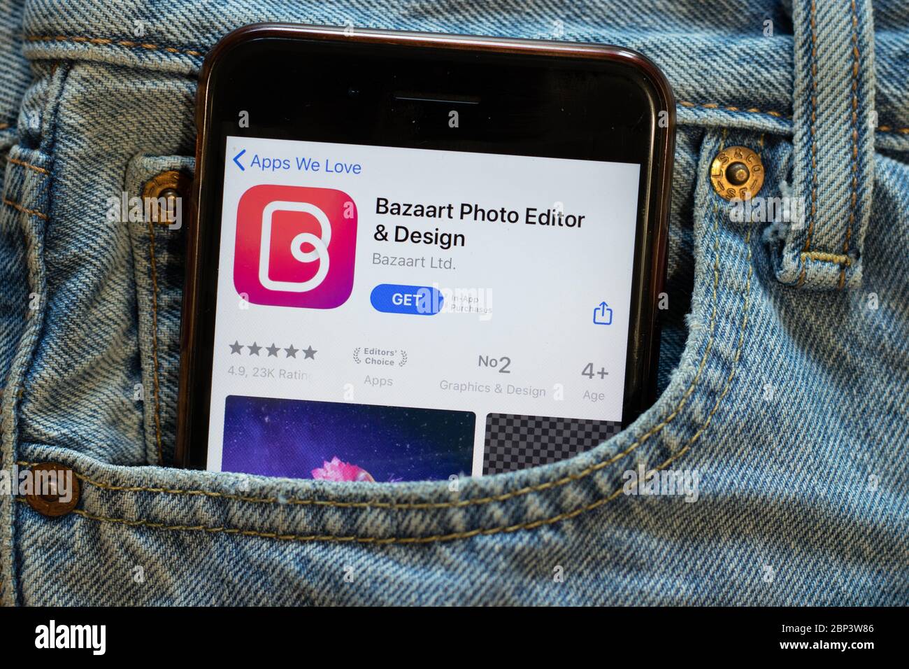 New York, USA - 15 May 2020: Bazaart photo editor mobile app logo on phone screen, close-up icon, Illustrative Editorial Stock Photo