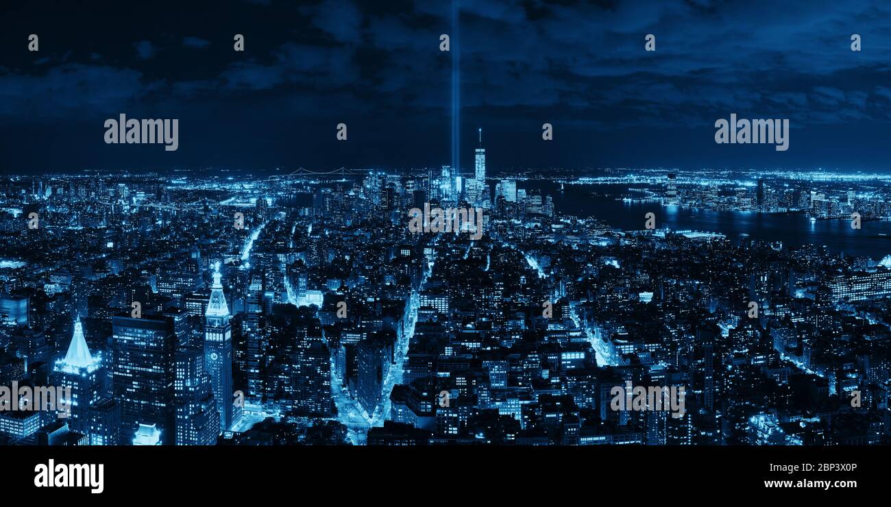 New York City downtown skyline panorama night view with September 11 ...