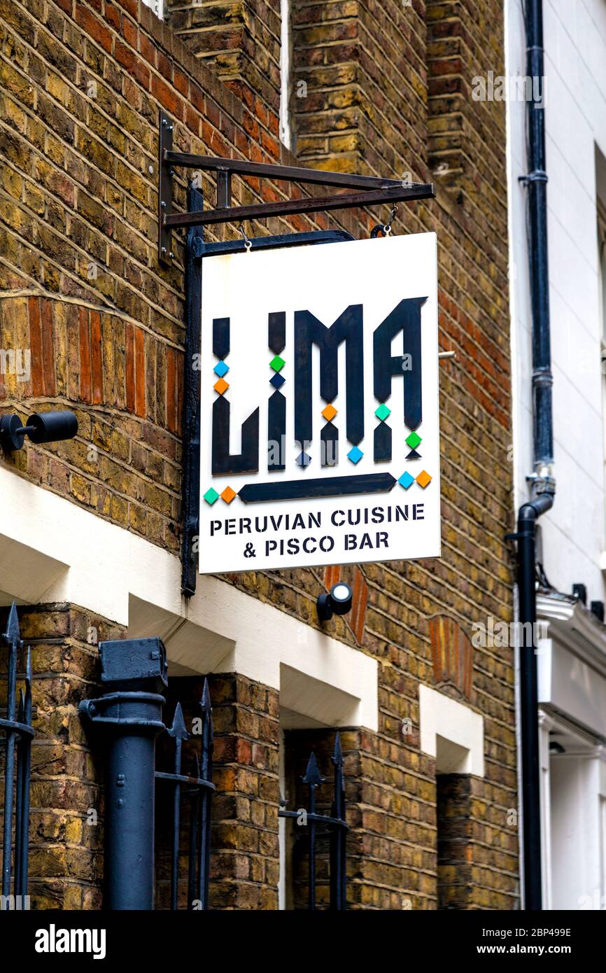 Sign for Peruvian restaurant and pisco bar Lima in Covent Garden, London, UK Stock Photo