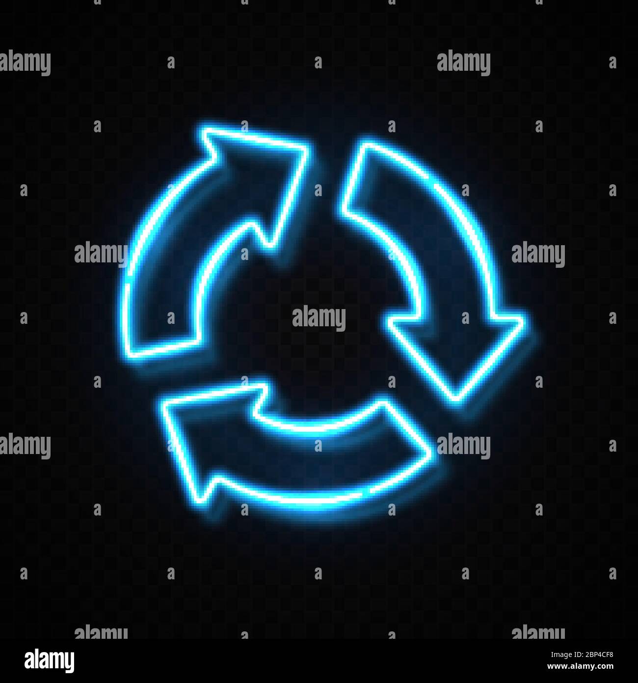 3 arrows in circle blue neon sign on dark transparent background. Reload refresh recycle progress symbol. Business presentation information three roun Stock Vector