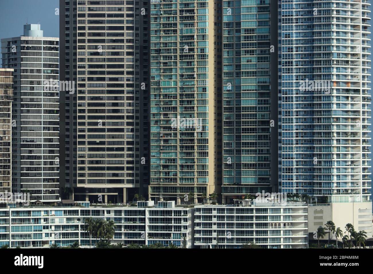 Hundreds of condominiums in densely packed high rise buildings in the center of Panama City, Panama, create a wall of windows. Background use. Stock Photo