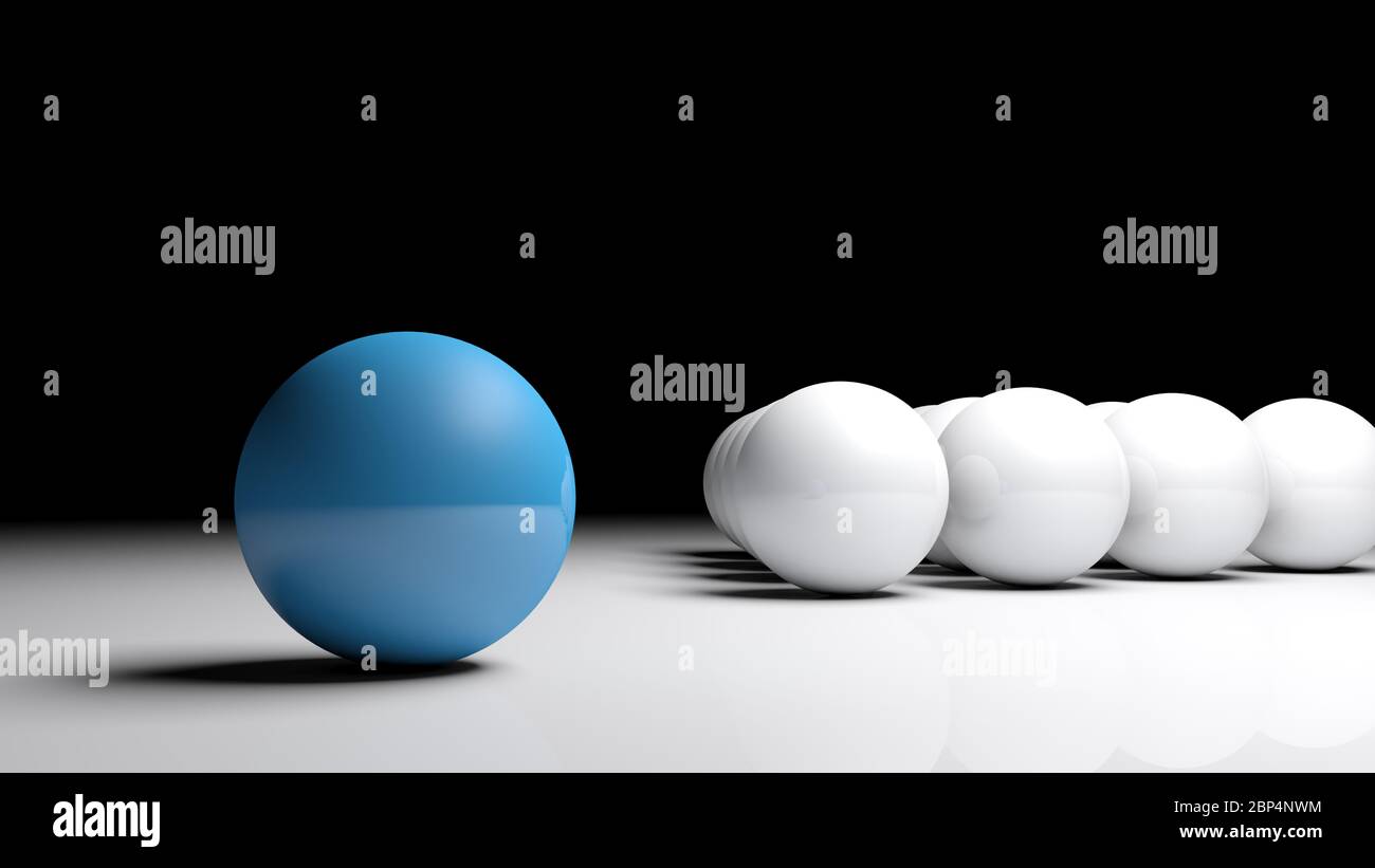Abstract concept image One blue ball in front of many white balls on