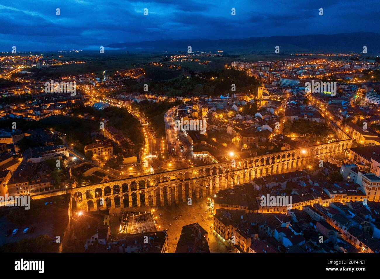Segovia ancient Roman Aqueduct aerial view at night in Spain Stock ...