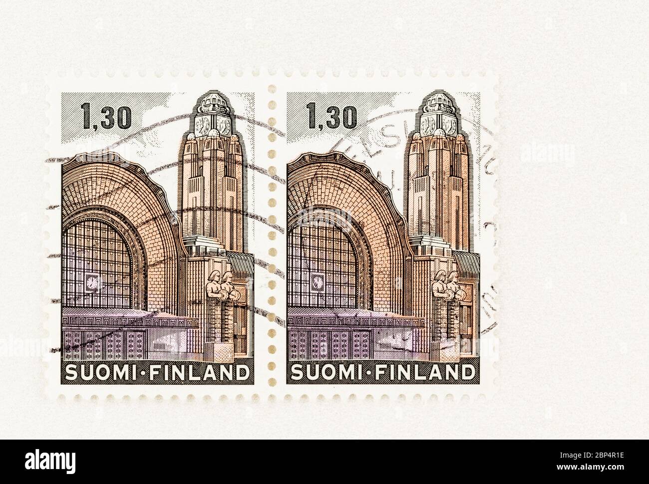 SEATTLE WASHINGTON - May 16, 2020:  1980 Finland stamp featuring Helsinki Railway Station without green color. Stock Photo