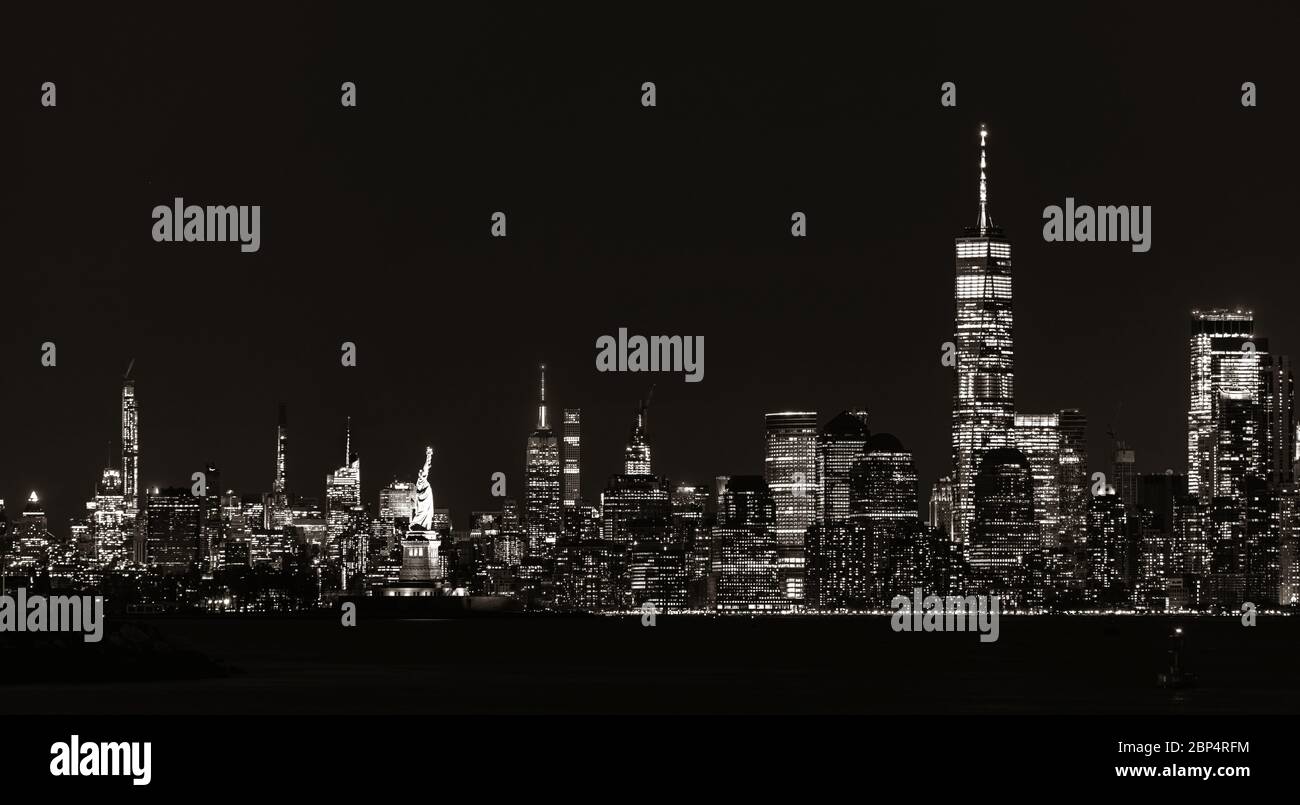 New York City downtown skyline at night with architecture Stock Photo ...