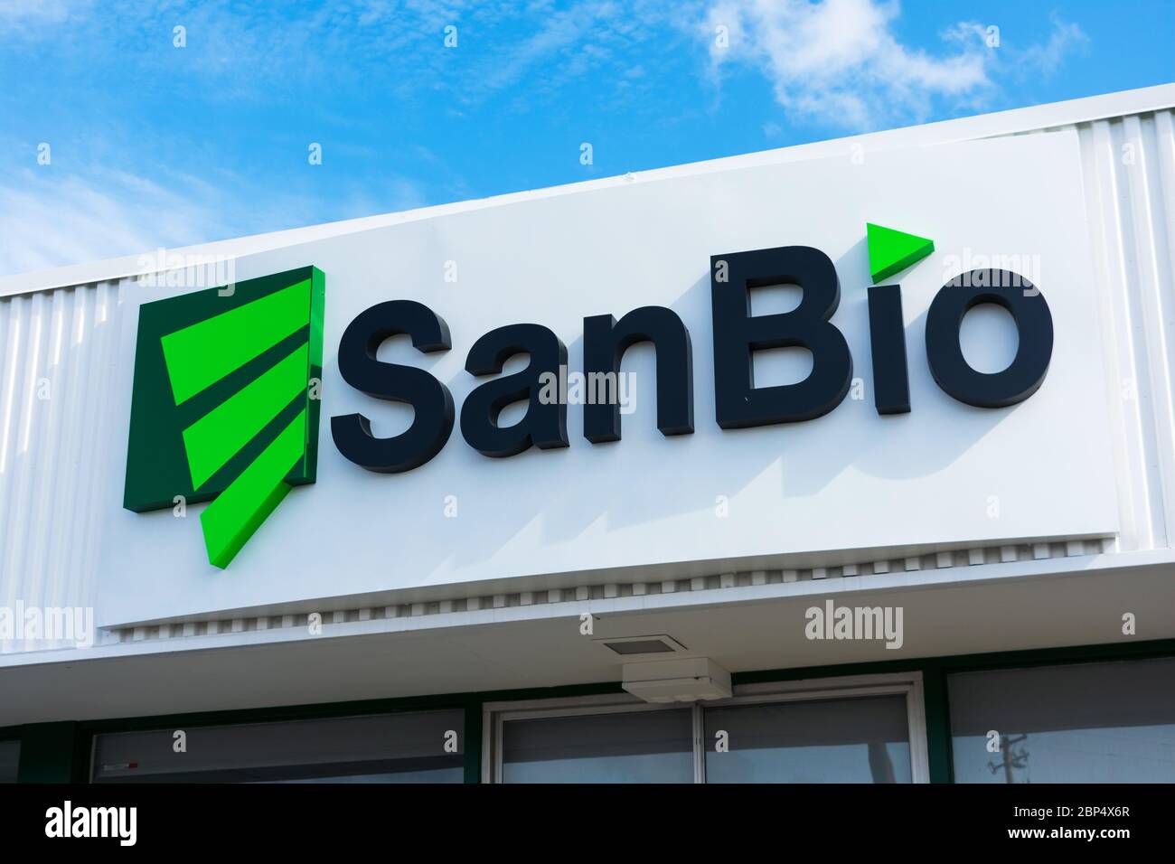 SanBio logo at Japanese biopharmaceutical company HQ in Silicon Valley. SanBio is a scientific leader in regenerative medicine for neurological disord Stock Photo