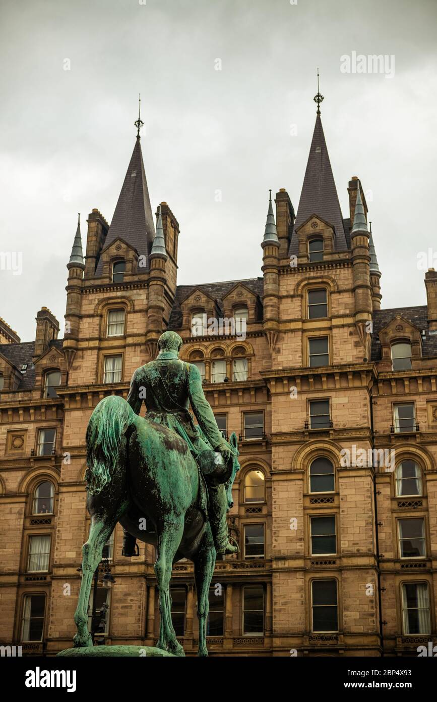Prince Consort Albert Equestrian Statue in front of North Western Hotel in Liverpool, England, United Kingdom Stock Photo