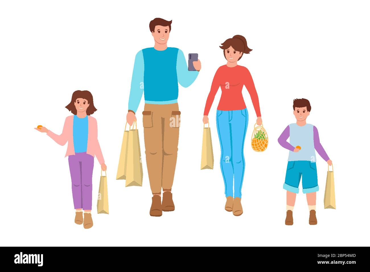 Happy family goes shopping flat cartoon people. Grocery bags, food