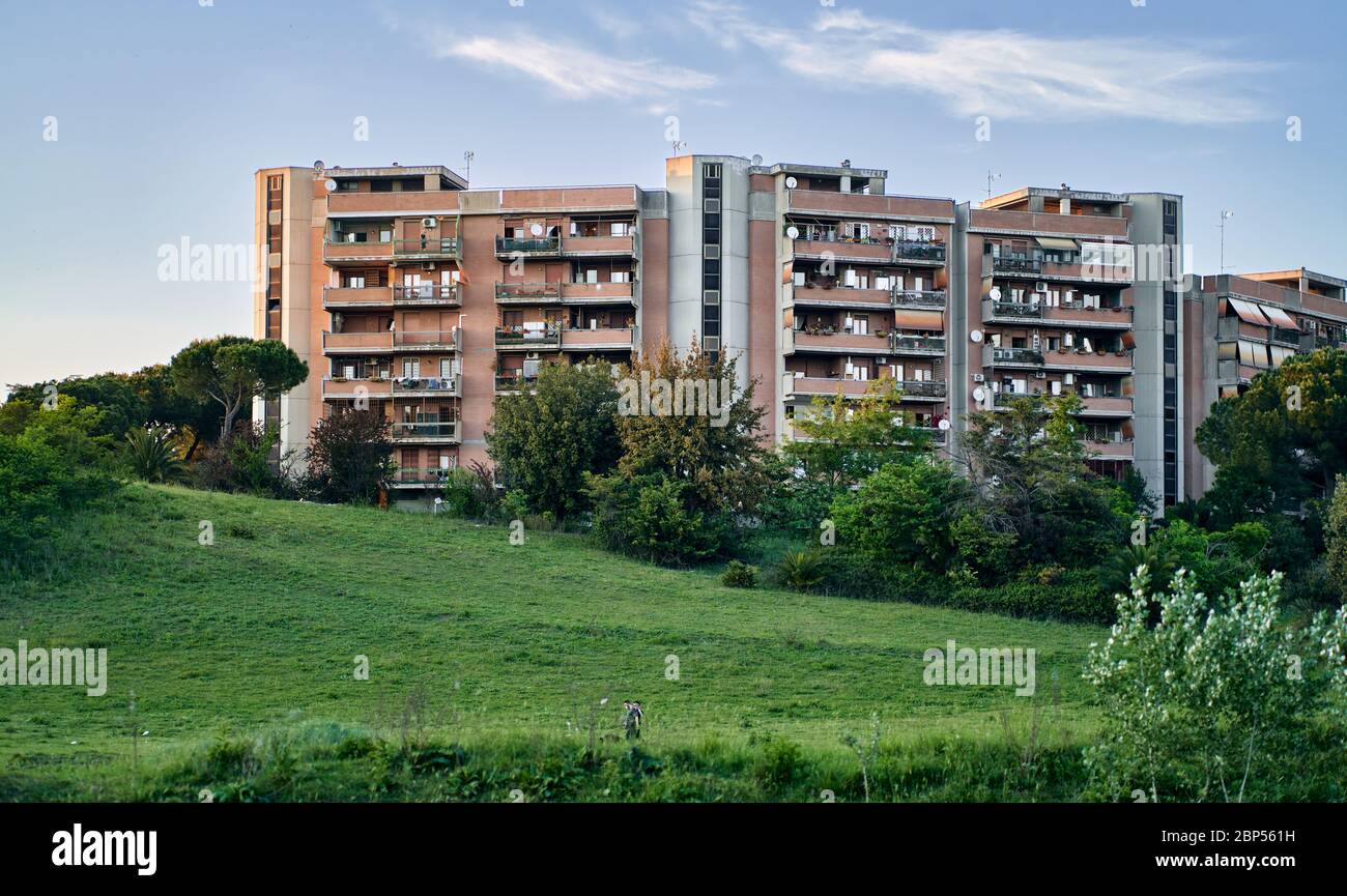 Aniene River Valley Natural Reserve: Residential Buildings. During Coronavirus Lockdown,Urban Parks Are Still Not Visited Much on Weekdays Stock Photo