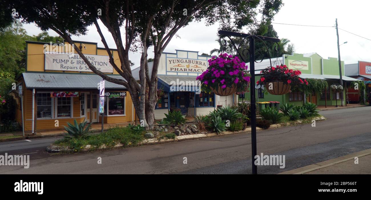 Shops along street in historic town of Yungaburra, Atherton Tableland, Queensland, Australia. No PR Stock Photo