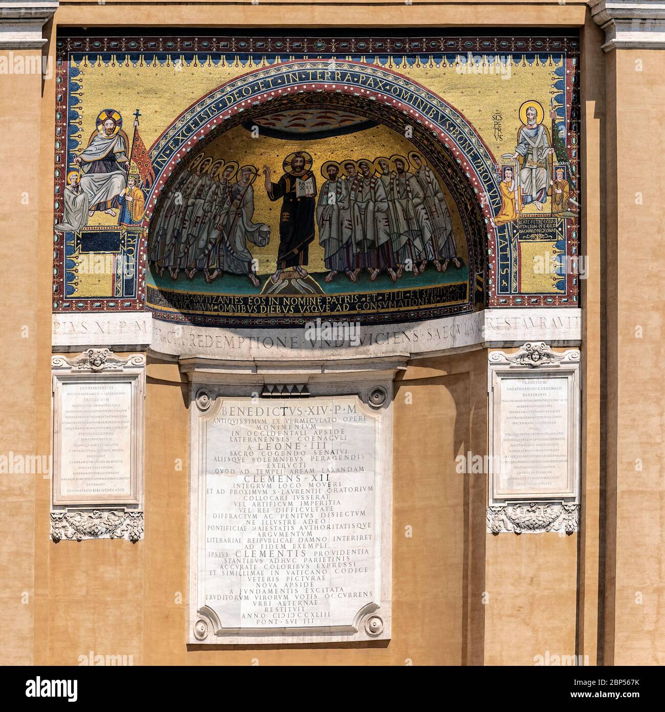 View at the Ancient Jesus Disciples Mosaic Triclinium Leoninum Outside Saint John Lateran Papal Cathedral Church Rome Italy. Triclinium part of Latera Stock Photo
