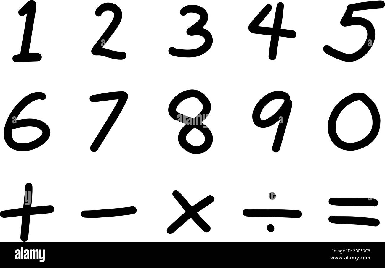Black color hand drawing of number and mathematics symbol (Plus, minus multiply, divide and equal sign) on white background Stock Vector