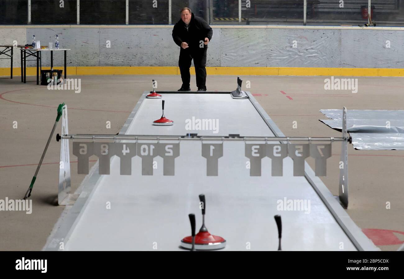 Malchow, Germany. 13th May, 2020. In the ice rink Martin Noffz, ice rink manager, tries out the