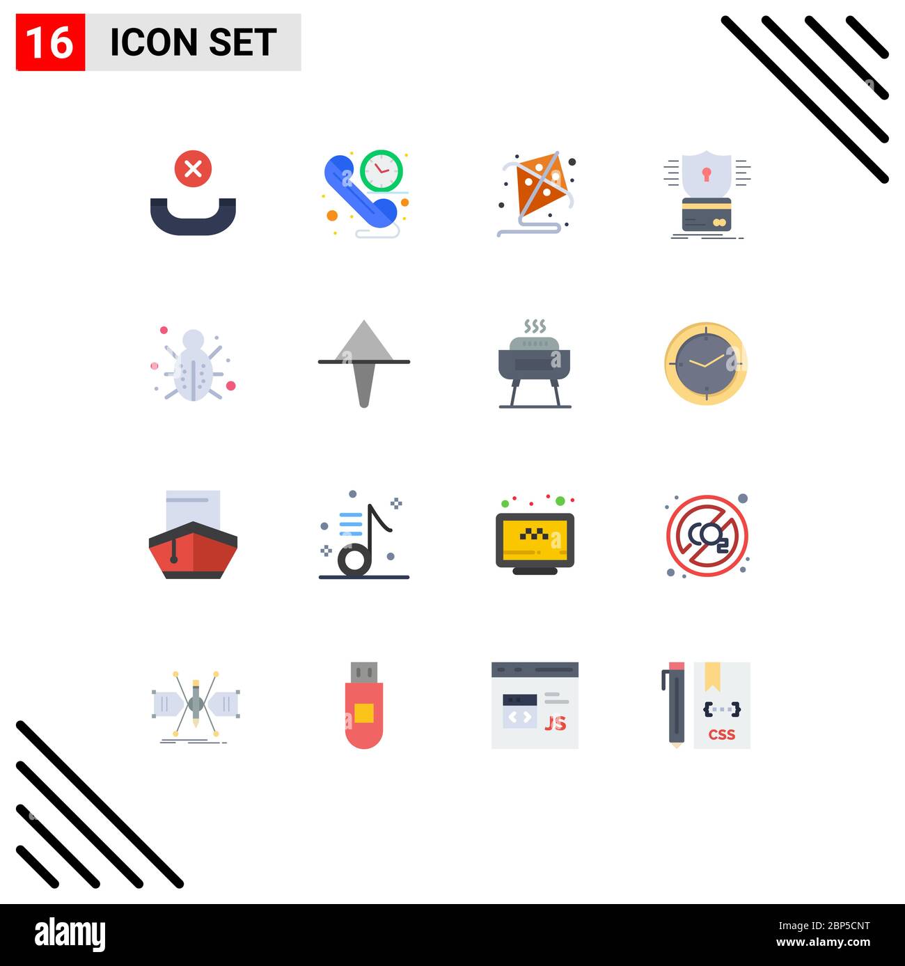 Mobile Interface Flat Color Set of 16 Pictograms of network, bug, fly, hack, card Editable Pack of Creative Vector Design Elements Stock Vector