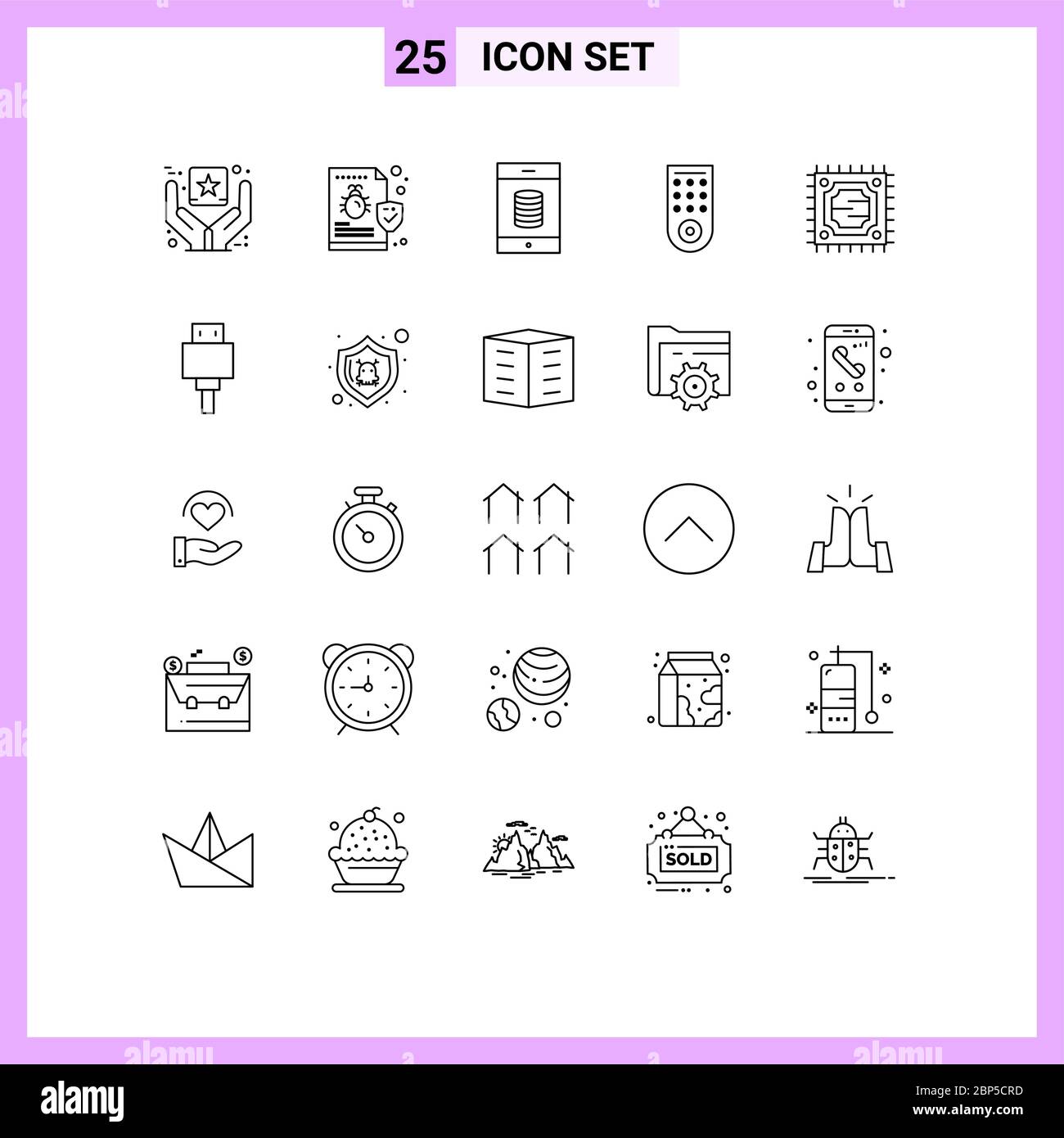 Group of 25 Modern Lines Set for processor, cpu, virus, tv, control Editable Vector Design Elements Stock Vector
