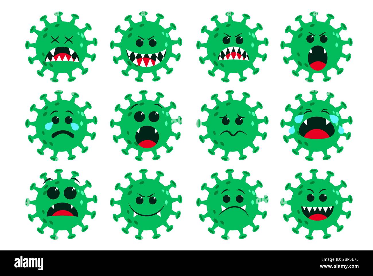 Covid19 coronavirus icon green vector set. Corona virus covid-19 cartoon emoji and emoticon with sad, scary and cry facial expressions isolated. Stock Vector