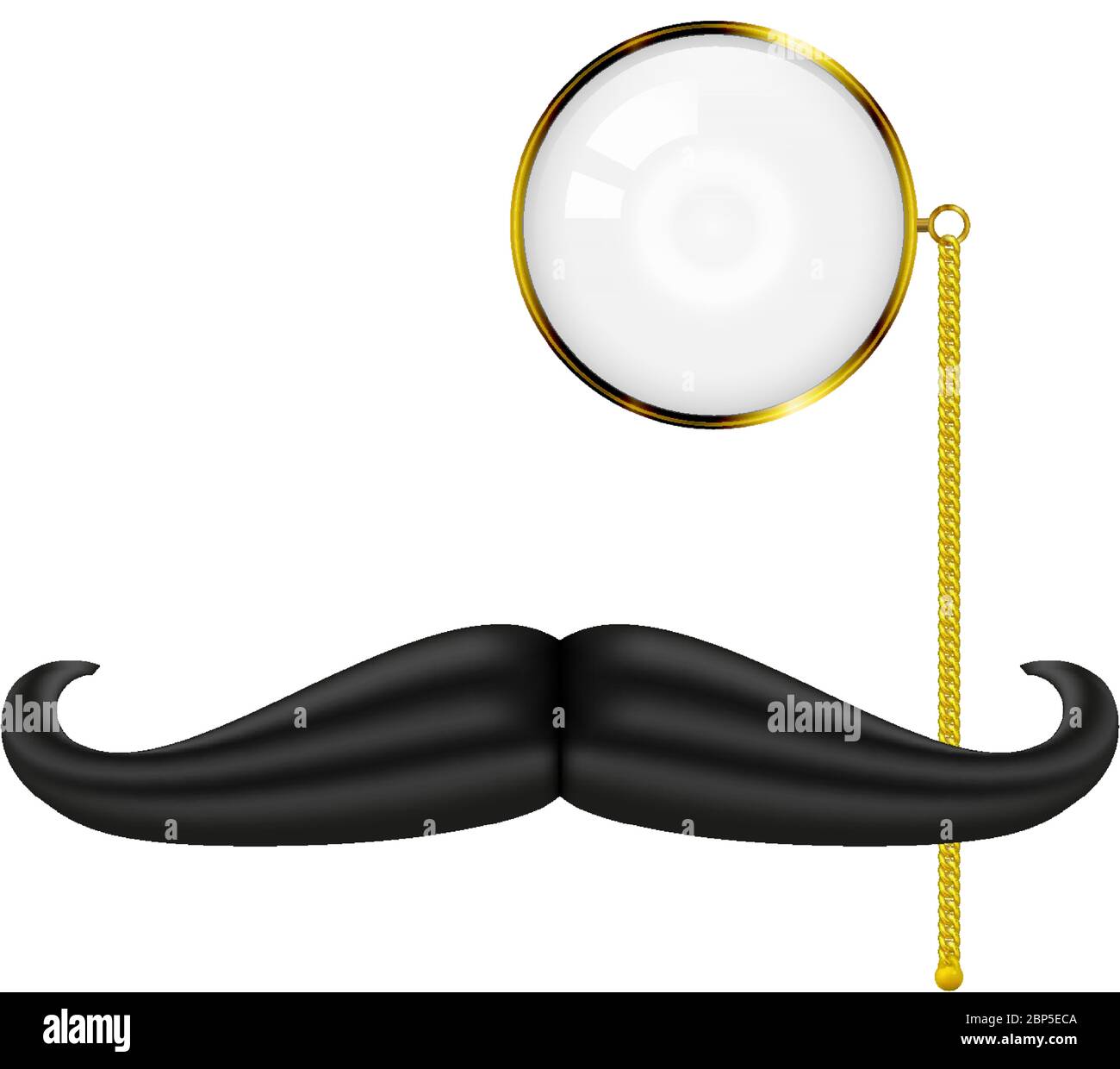 Golden Monocle and Mustache, gentleman's set, vector illustration isolated on white. Stock Vector