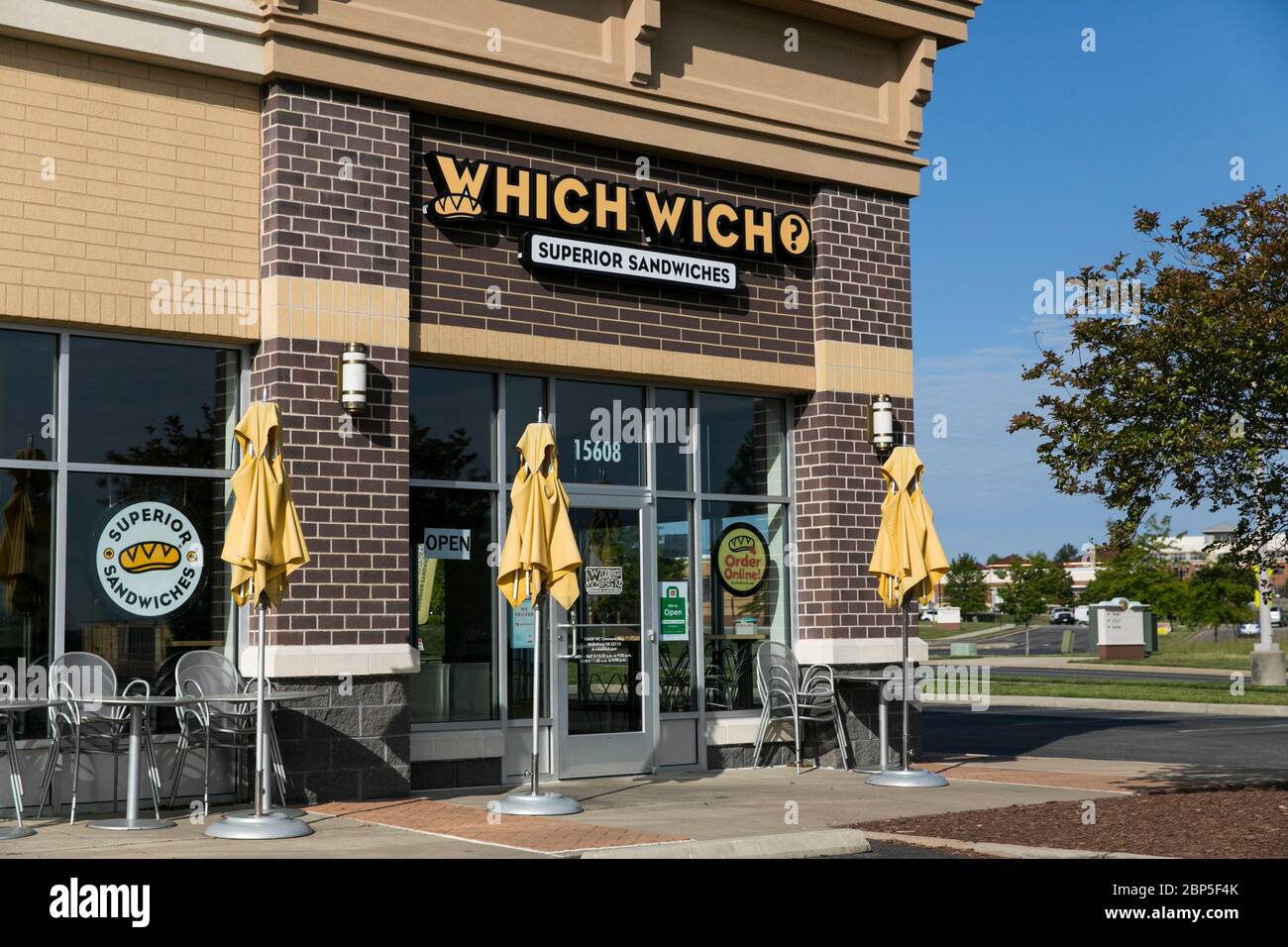 A logo sign outside of a Which Wich Superior Sandwiches restaurant location in Midlothian, Virginia on May 13, 2020. Stock Photo