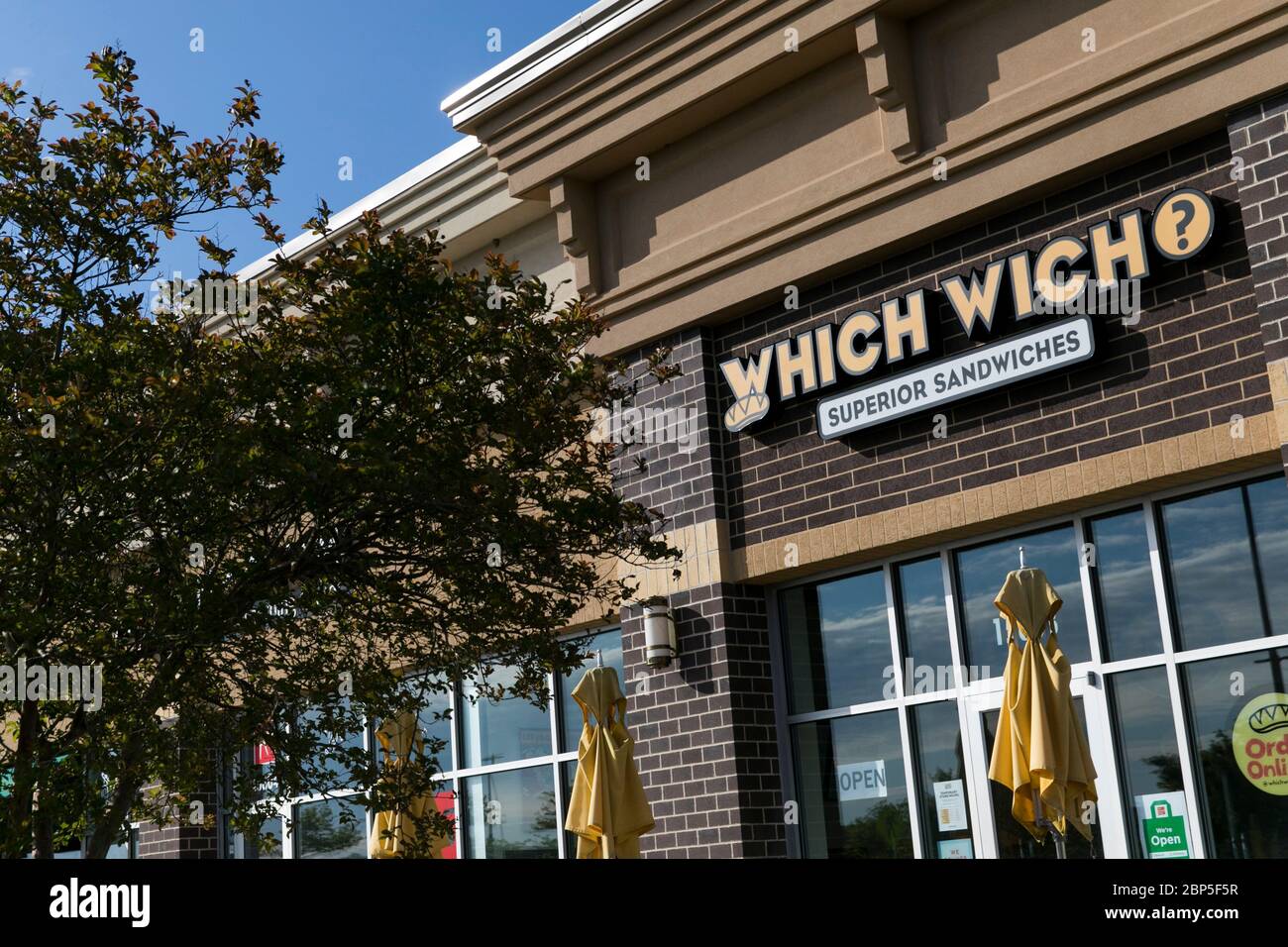 A logo sign outside of a Which Wich Superior Sandwiches restaurant location in Midlothian, Virginia on May 13, 2020. Stock Photo