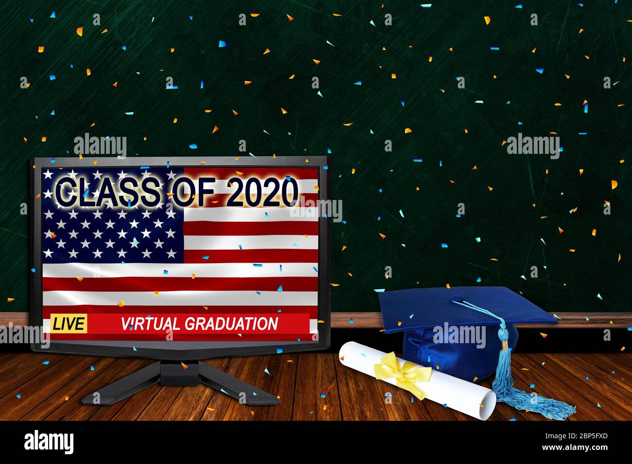 Class of 2020 virtual graduation ceremonies for high school or college seniors and university graduates due to Covid-19 coronavirus. Live TV in classr Stock Photo
