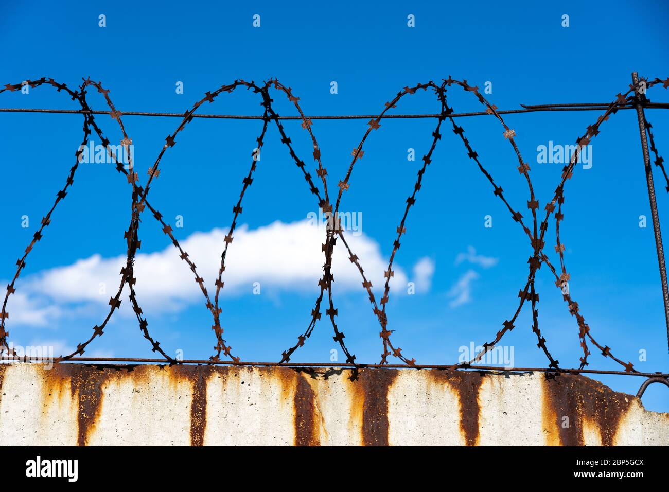 Barbed wire fence on a white wall with rust Stock Photo - Alamy