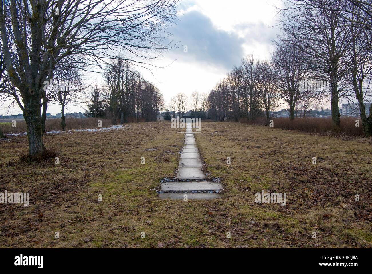 The path to the main memorial, marker where all the towns Jewish men were executed. In Eišiškės, Lithuania. The town is the source for the photograph Stock Photo