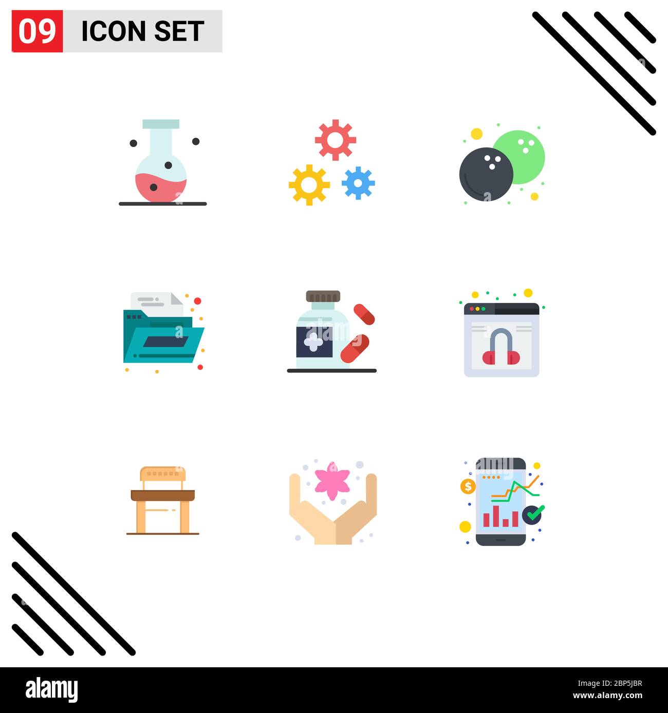 Modern Set of 9 Flat Colors Pictograph of medicine, medical, service, office, document Editable Vector Design Elements Stock Vector