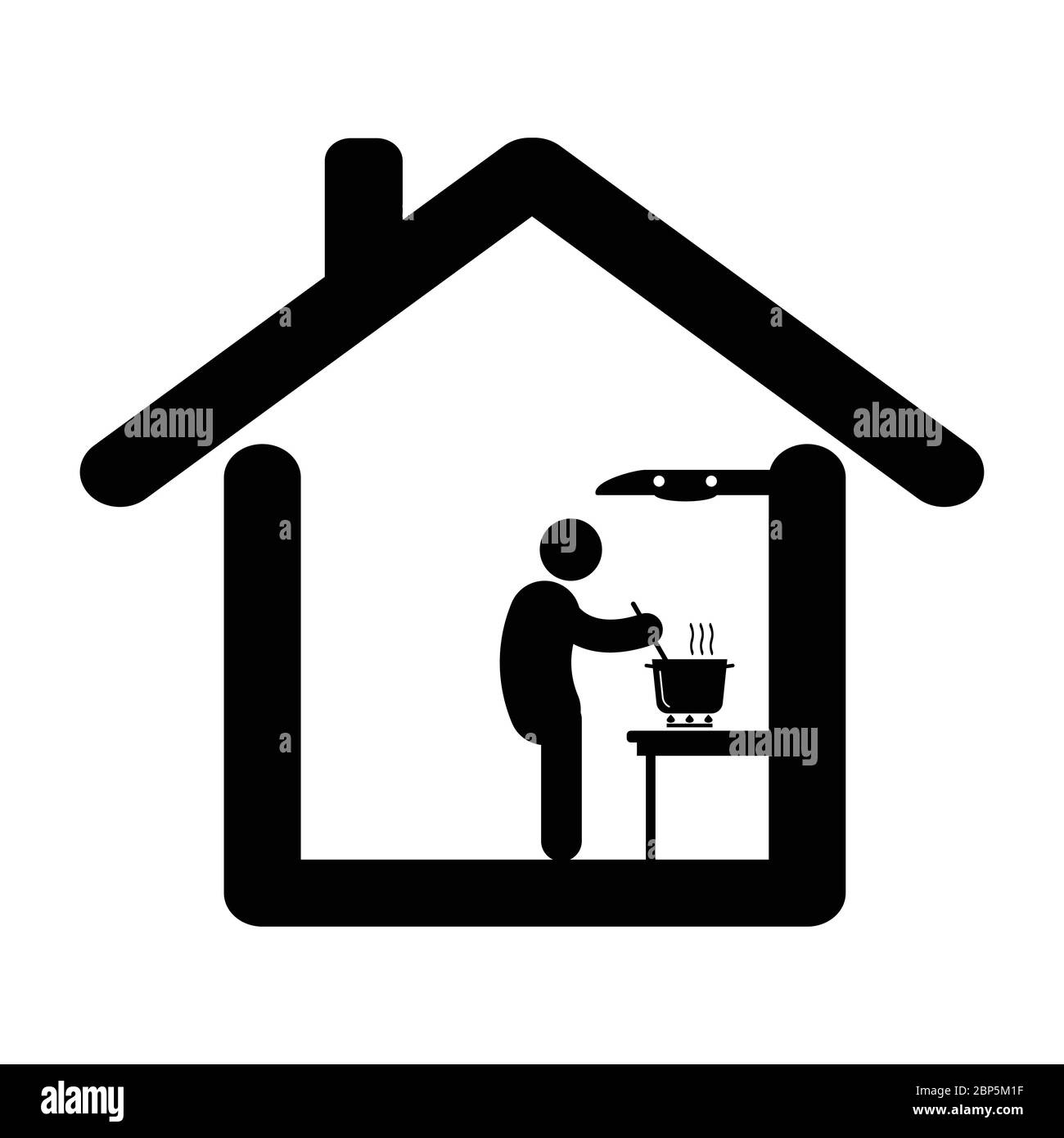 Cook at from home. Pictogram depicting man doing home cooking. Stay at home lockdown due to Covid-19. Black and white eps vector. Stock Vector