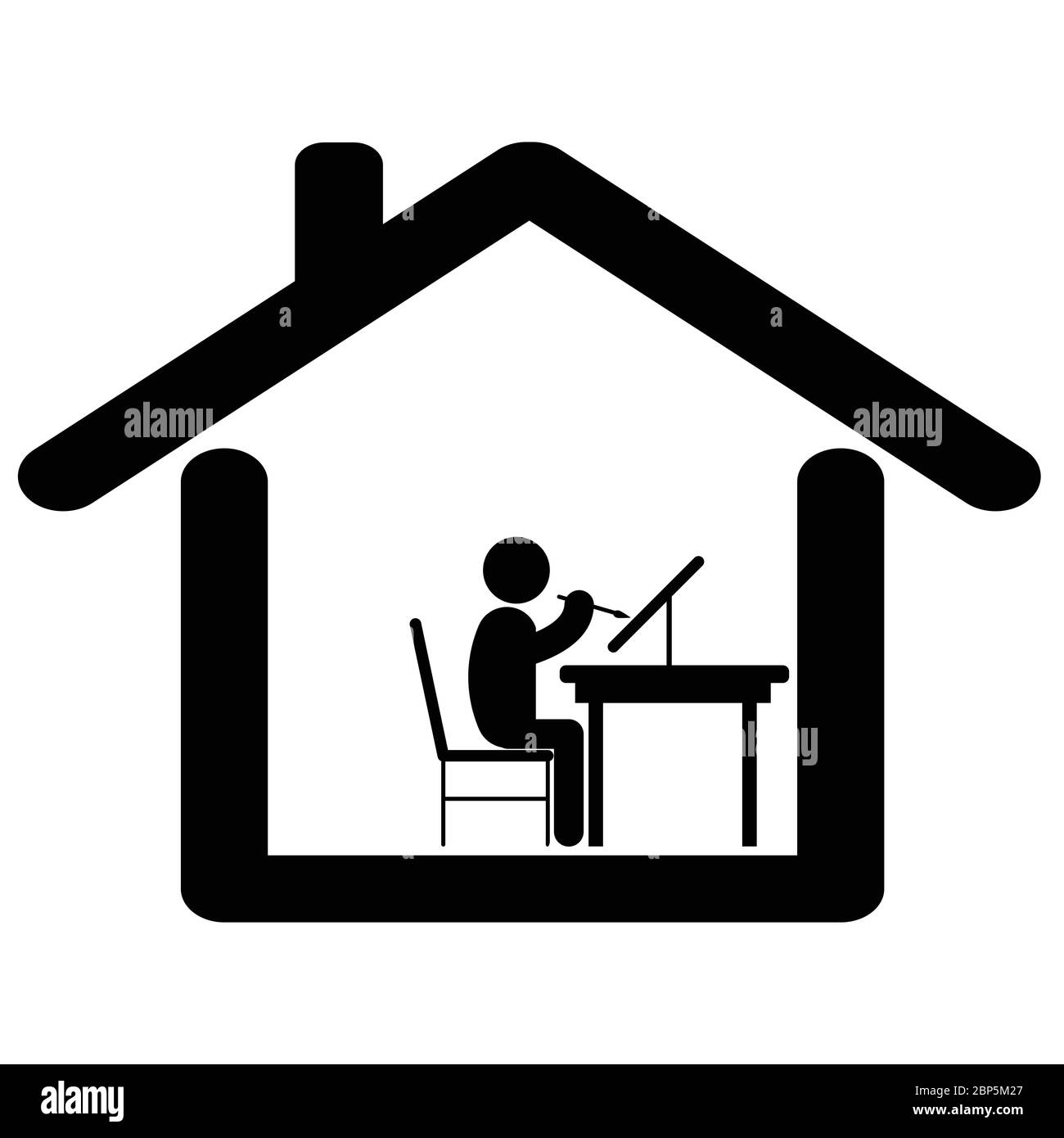 Painting from home. Pictogram depicting artist man painting at home. Lock down stay at home due to covid-19 pandemic. Black and white EPS vector Stock Vector