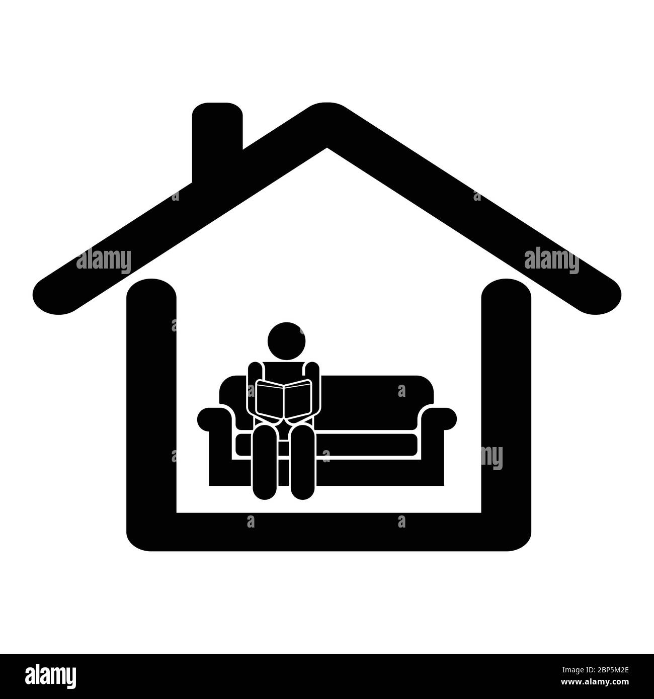 Read at Home Quarantine. Pictogram depicting man sitting on sofa couch at home reading a book. Black and white EPS Vector Stock Vector