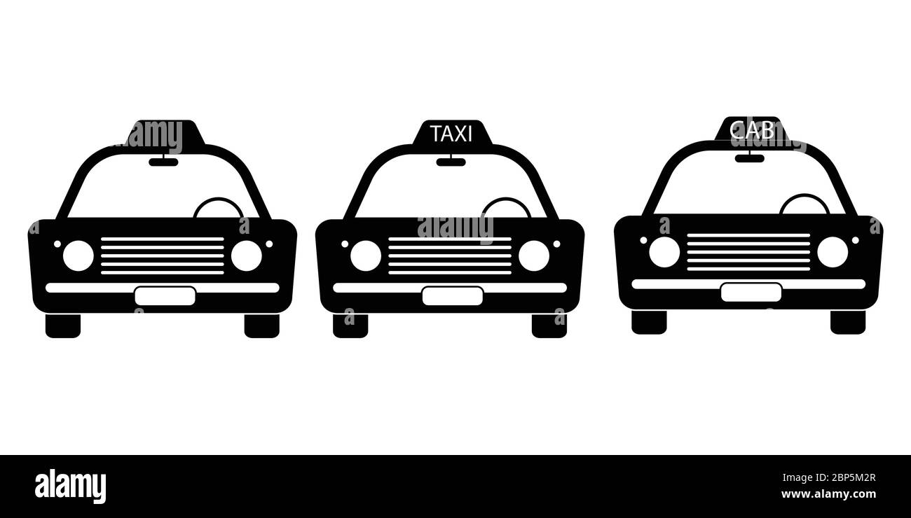 Taxi Cab Vintage Front View Set. Three taxi cab car automobile black and white illustration. EPS Vector Stock Vector