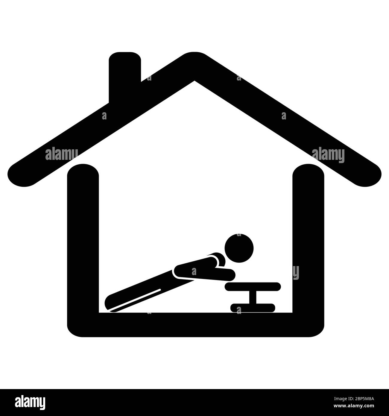 Exercise from at home. Pictogram depicting man working out doing push up from home. Lock Down Stay at home order. Black and white EPS Vector Stock Vector