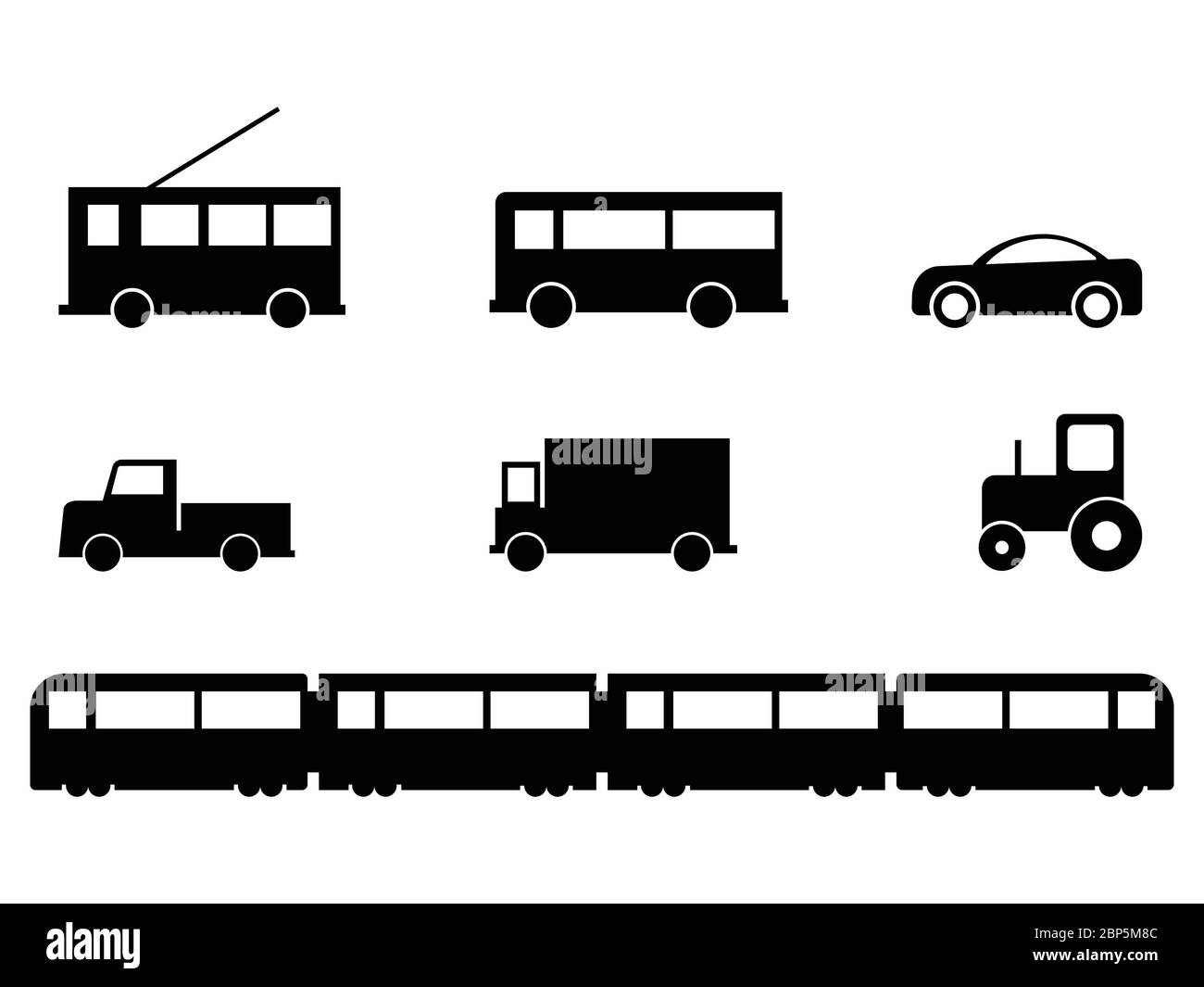 Land Transport Vehicles Set. A set of various ground vehicles. Bus tramp car lorry truck tractor train. Black and white EPS Vector Stock Vector