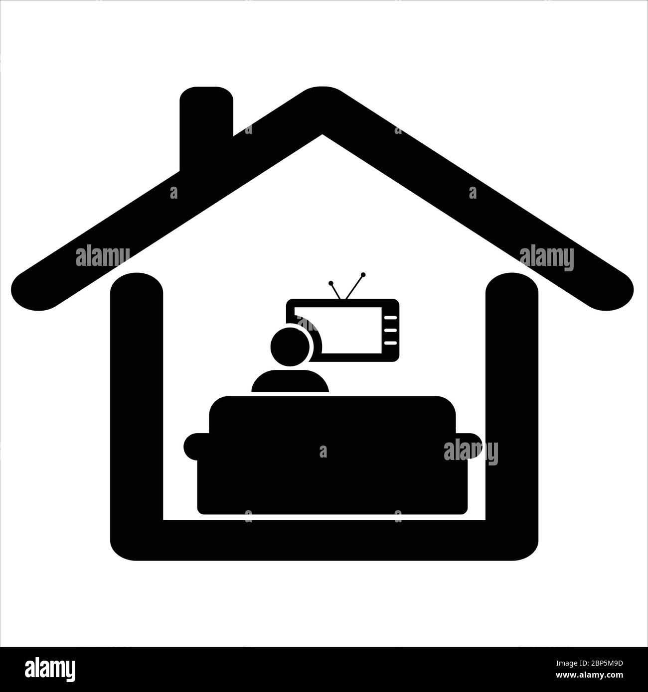 Watching TV at home. Pictogram depicting man sitting on sofa couch watching TV movie show from home. Pandemic lock down stay at home. Black and white Stock Vector