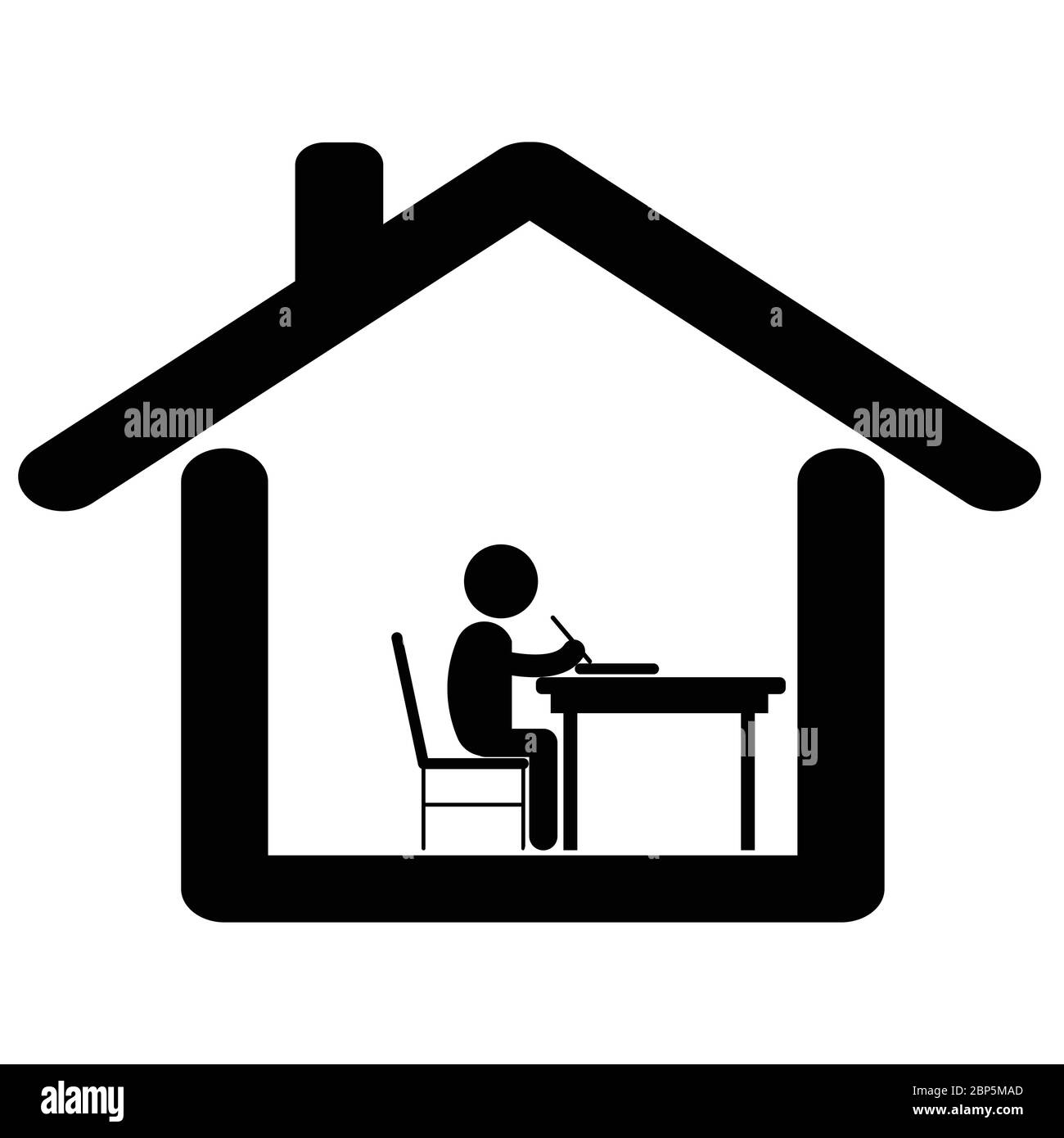Study work from home. Pictogram depicting student boy studying writing at home. Lock down due to Covid-19 pandemic. Black and white EPS Vector Stock Vector