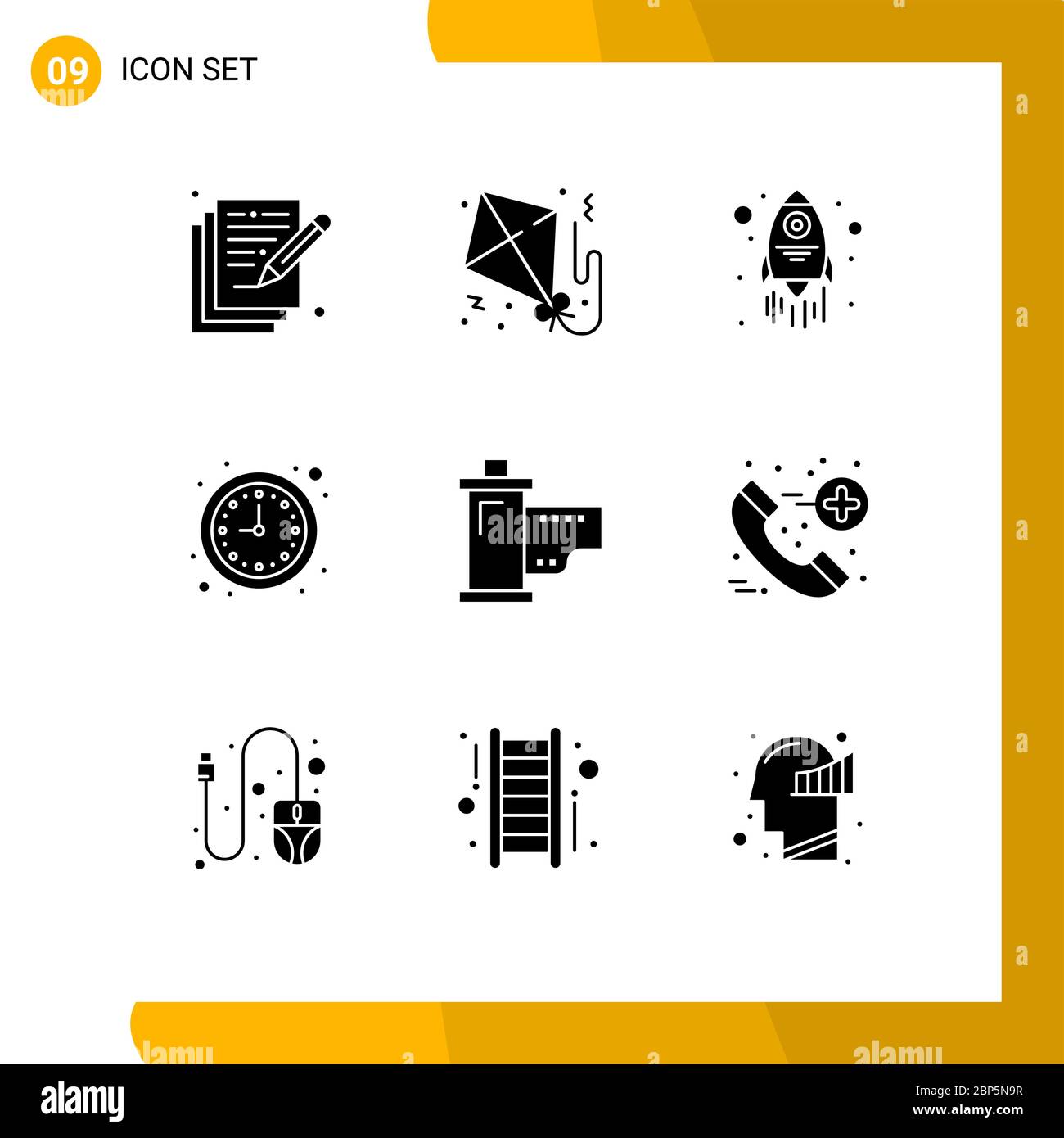 9 Universal Solid Glyph Signs Symbols of film, cinema, launch, watch, clock Editable Vector Design Elements Stock Vector