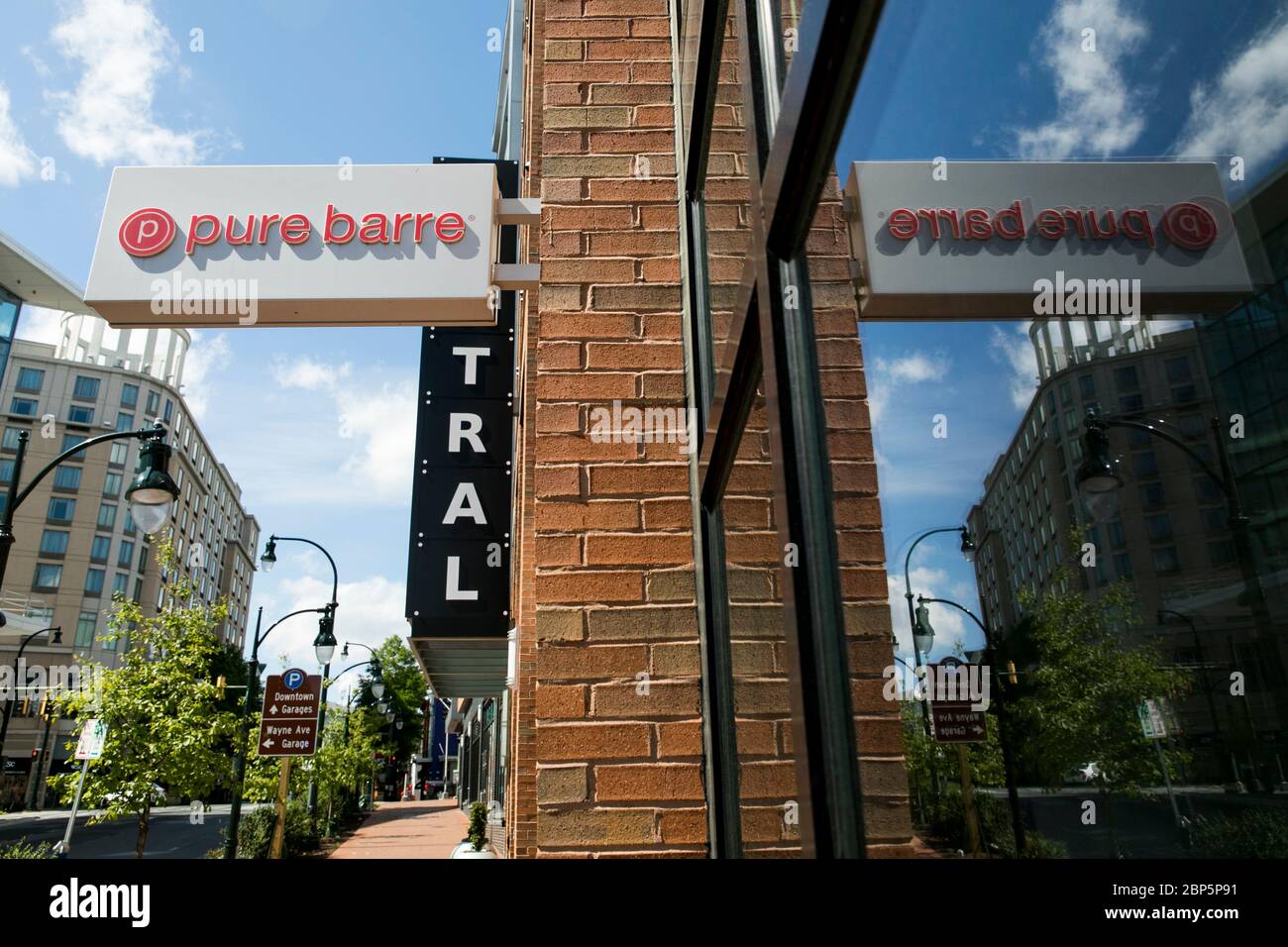 A logo sign outside of a Pure Barre location in Silver Spring, Maryland on May 12, 2020. Stock Photo
