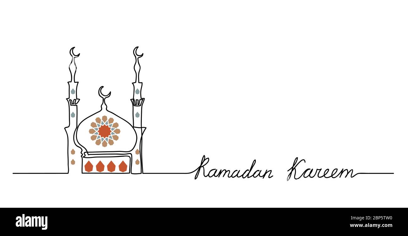 Ramadan Kareem vector simple minimal background with mosque, mandala and lettering Ramadan Kareem.One continuous line drawing Stock Vector