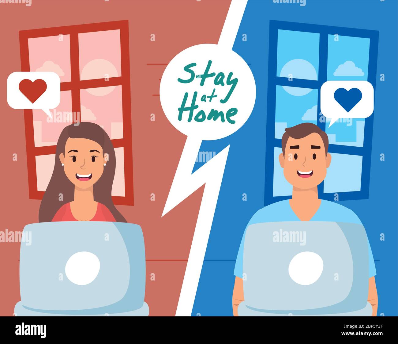 couple using laptops to communicate and stay home Stock Vector